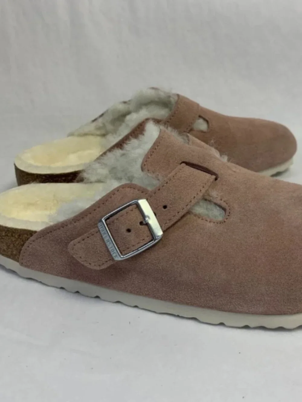 Birkenstock Boston Shearling Pink Clay Suede Leather Narrow Width Sandals